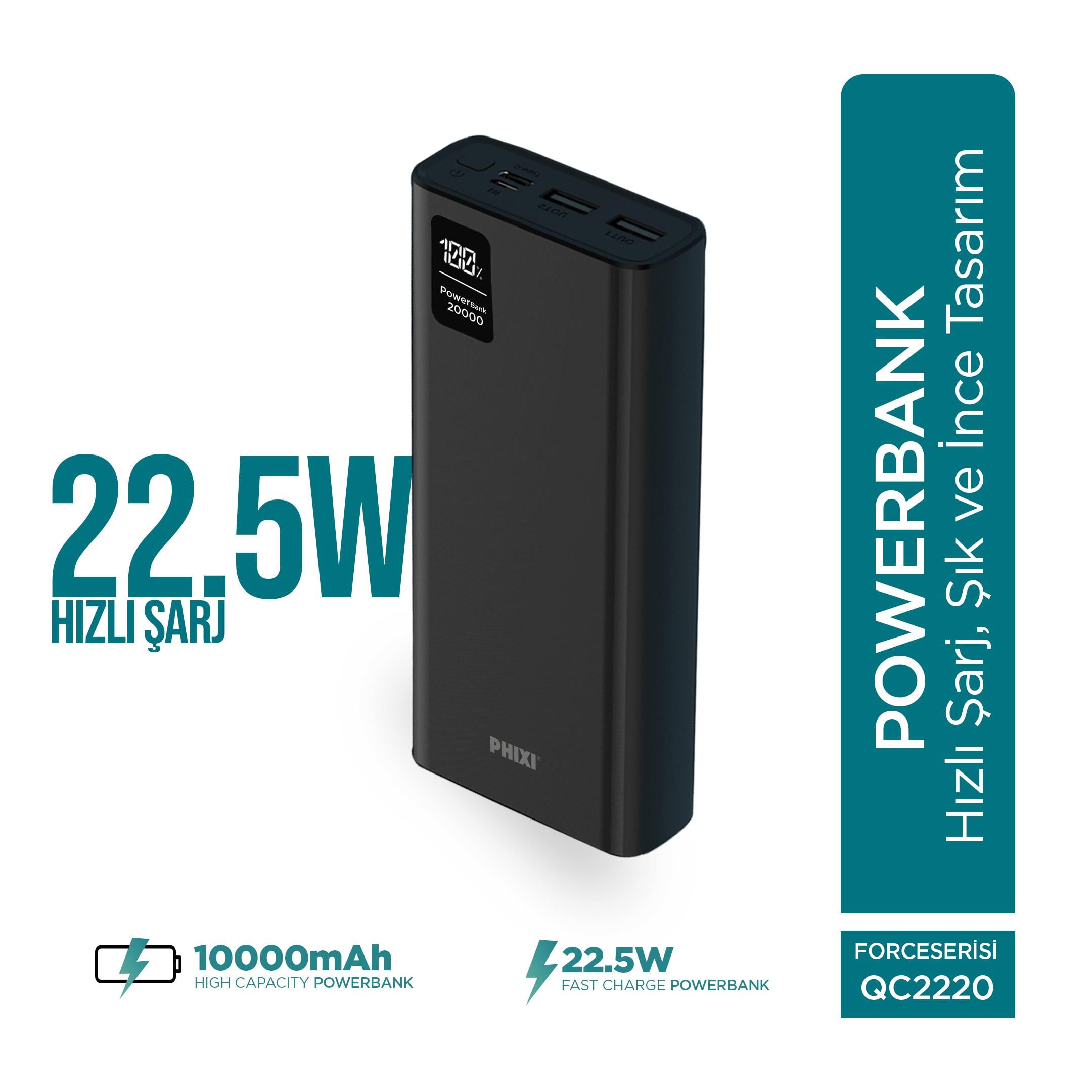 Phixi Force QC2220 20000mAh 22.5W Hızlı Şarj Cihazı  - Fast Powerbank - 2 USB 1 PD Port - Dijital Ekran - Taşınabilir Şarj Cihazı