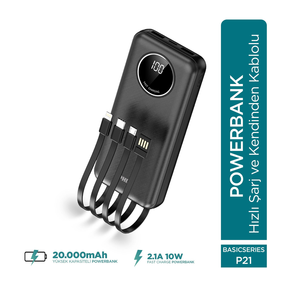 Phixi Basic P21 20000mAh 10W Kendinden Kablolu Şarj Cihazı -  Powerbank - 2 USB Port 4 Kablo Çıkışı - LED Ekran - Taşınabilir Şarj Cihazı