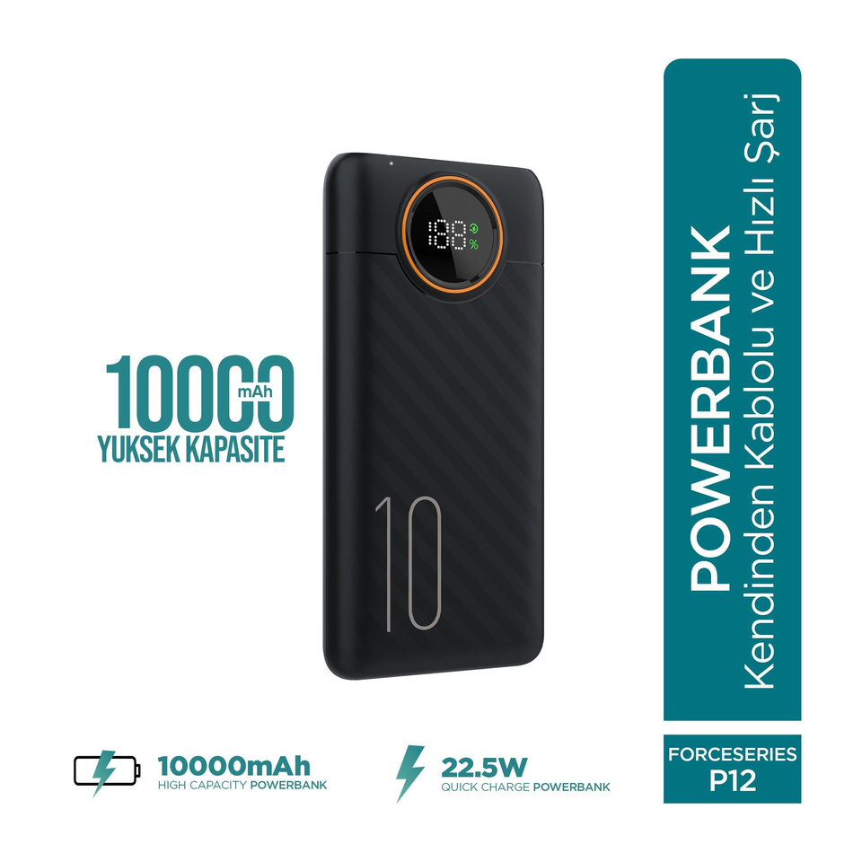 Phixi Force P12 10000mAh 22.5W Hızlı Şarj Cihazı  - Fast Powerbank  - Dijital Ekran - Taşınabilir Şarj Cihazı