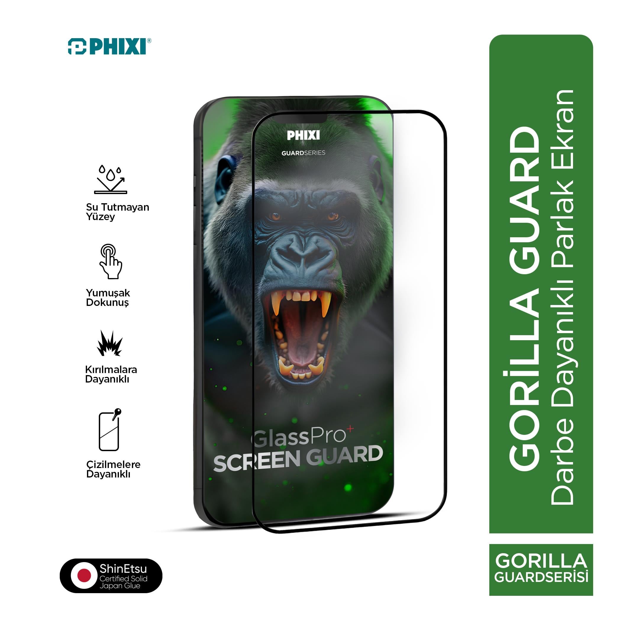 Phixi Gorilla Guard iPhone 14 Kırılmaz Cam – HD Temperli, Tekrar Yapışabilir, Suyla Temizlenebilir, Anti-Statik, Süper Kavisli Ekran Koruyucu