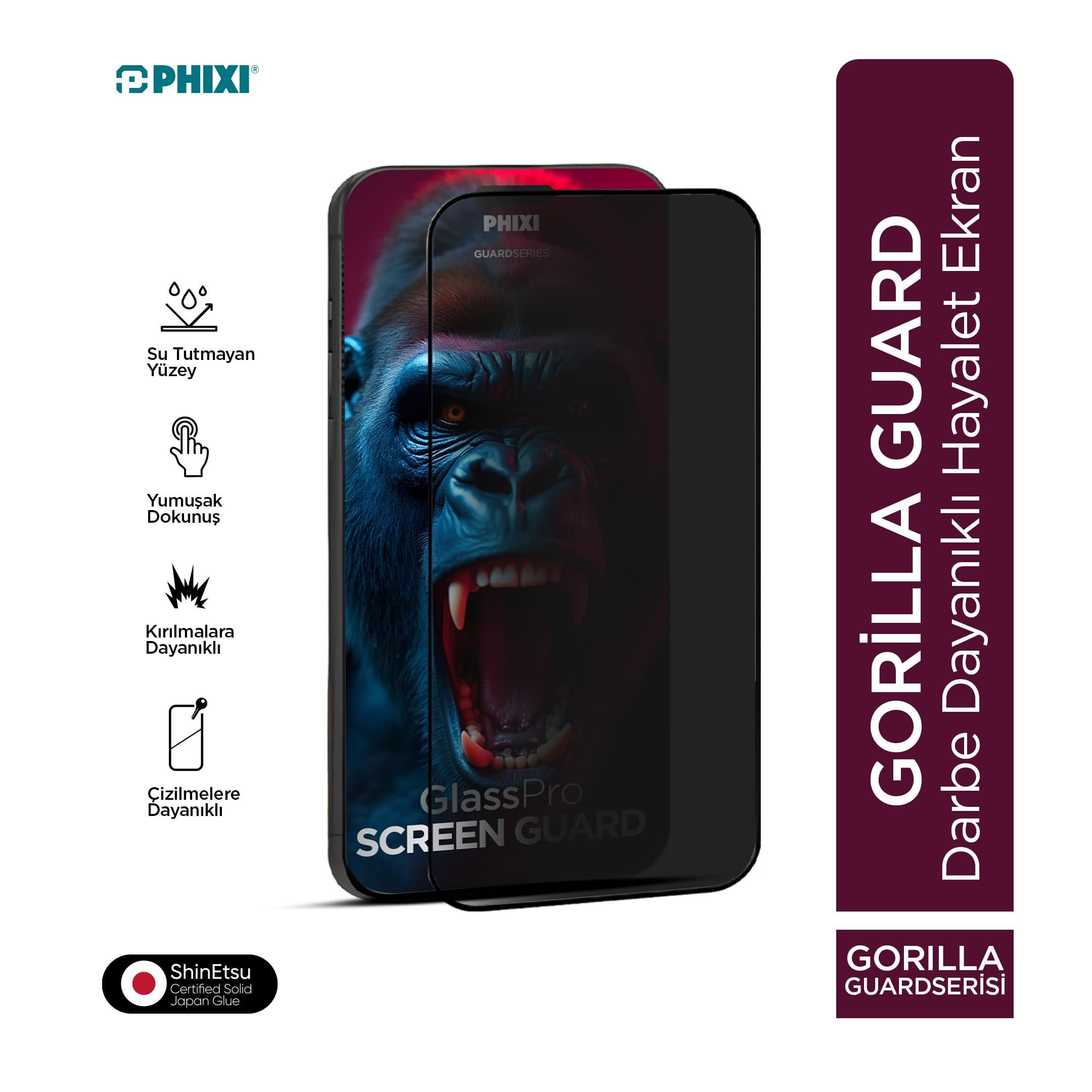 Phixi Hayalet Gorilla Guard iPhone 15 Pro Kırılmaz Cam – HD Temperli, Tekrar Yapışabilir, Suyla Temizlenebilir, Anti-Statik, Süper Kavisli Ekran Koruyucu