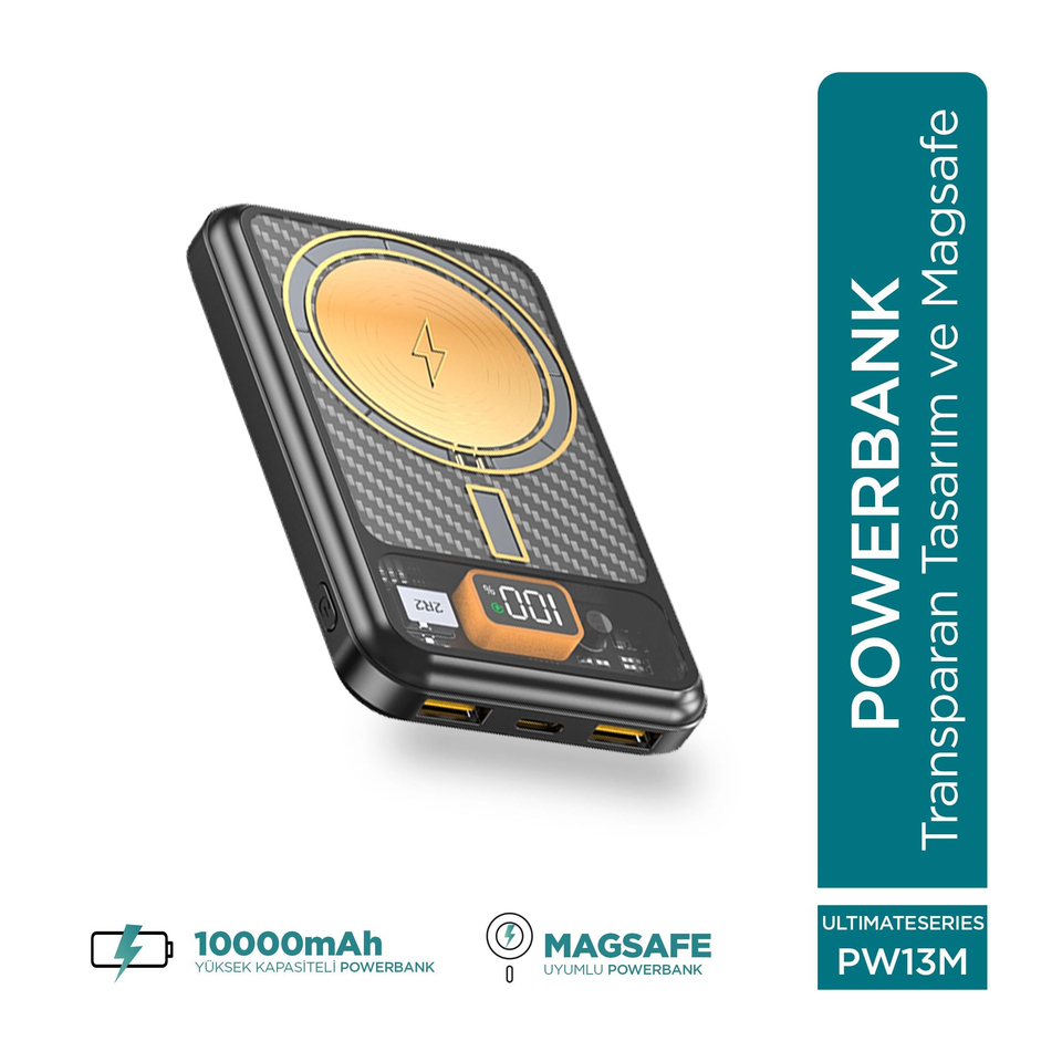 Phixi Ultimate PW13M 10000mAh 22.5W MagSafe Powerbank  - Transparan Kablosuz Mini Şarj Cihazı - 2 USB 1 PD Port - Dijital Ekran - Taşınabilir Şarj Cihazı