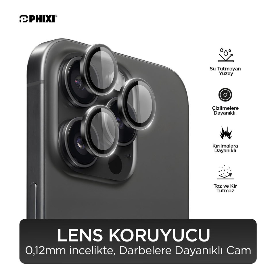 Phixi Premium Guard Serisi  – iPhone 16 Pro / Pro Max Uyumlu Black Titanyum Kamera Lens Koruyucu | Safir Cam, Kırılmaz, Gerçek Görünüm