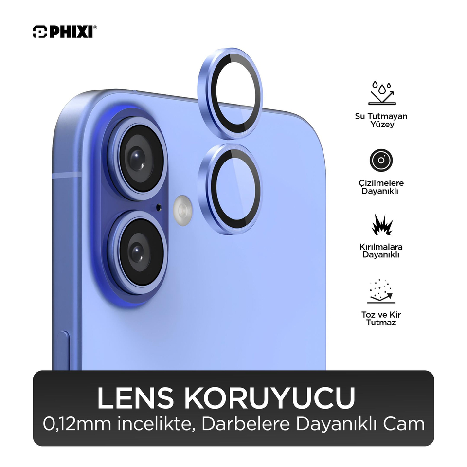Phixi Premium Guard Serisi  – iPhone 16 / Plus Uyumlu Dark Blue Kamera Lens Koruyucu | Safir Cam, Kırılmaz, Gerçek Görünüm