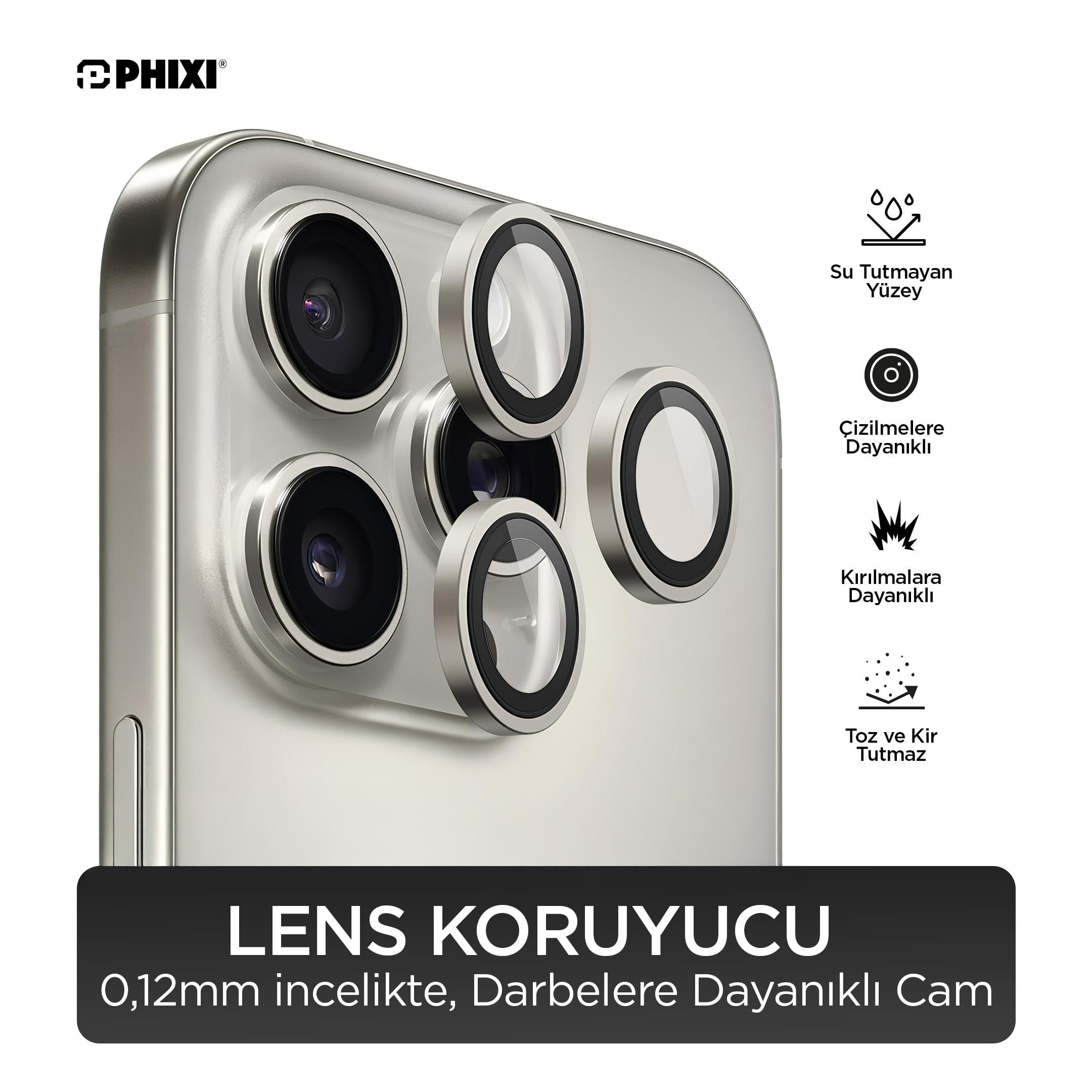 Phixi Premium Guard Serisi  – iPhone 15 Pro / Pro Max Uyumlu Natural Titanium Kamera Lens Koruyucu | Safir Cam, Kırılmaz, Gerçek Görünüm