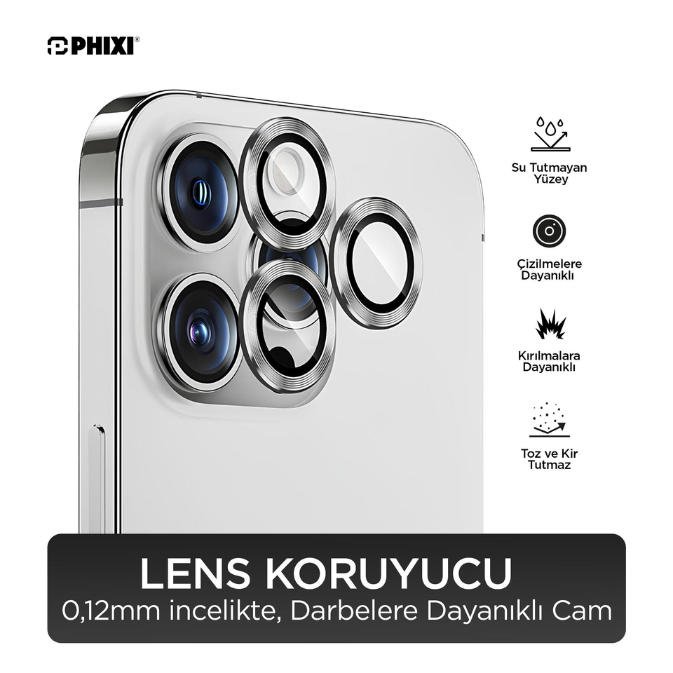 Phixi Premium Guard Serisi  – iPhone 13 Pro / Pro Max Uyumlu Silver Kamera Lens Koruyucu | Safir Cam, Kırılmaz, Gerçek Görünüm